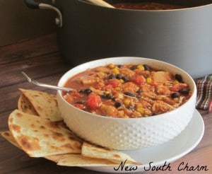 Chicken Taco Soup in a white bowl with spoon and toasted tortillas in front of a soup pot 