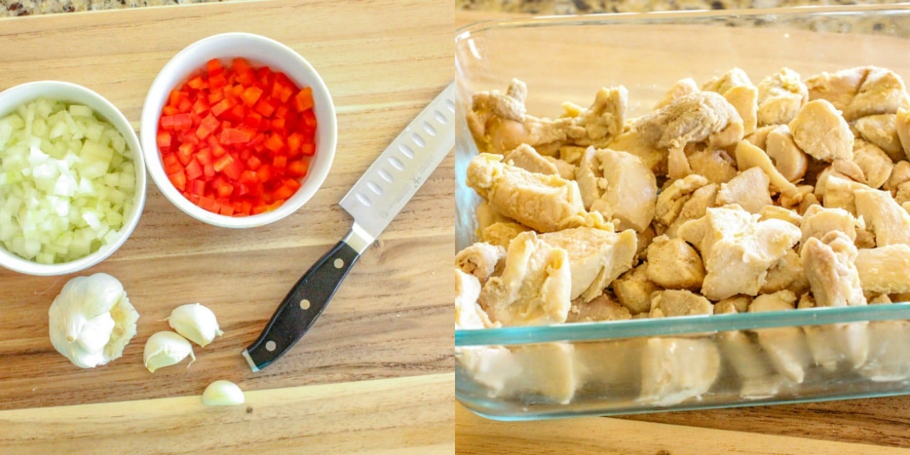 collage image: photo 1 of 2 diced onion, diced red bell peppers, garlic cloves and chef's knife on cutting board photo 2 of 2 cooked chopped chicken in a clear glass container on cutting board