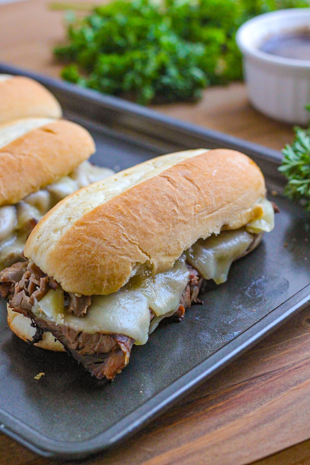 French Dip Sandwiches on baking sheet just out of the oven
