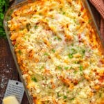 Chicken Parmesan Casserole in a clear casserole dish.