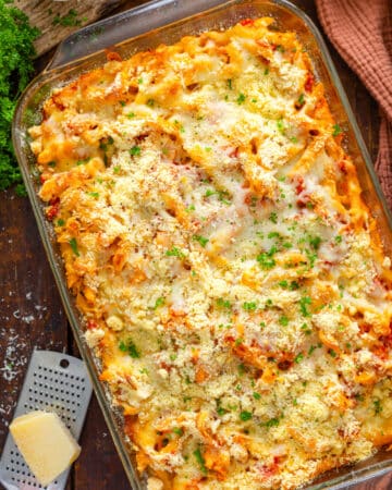 Chicken Parmesan Casserole in a clear casserole dish.