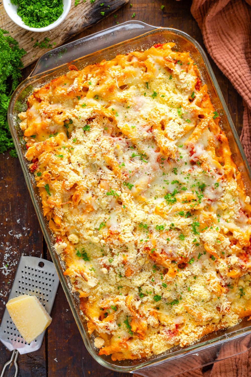 Chicken Parmesan Casserole in a clear casserole dish.