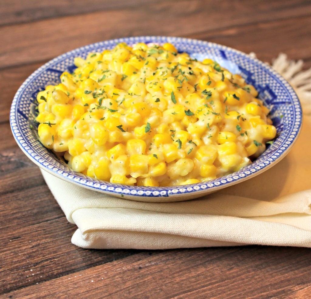 Skillet Corn in a blue and white bowl.