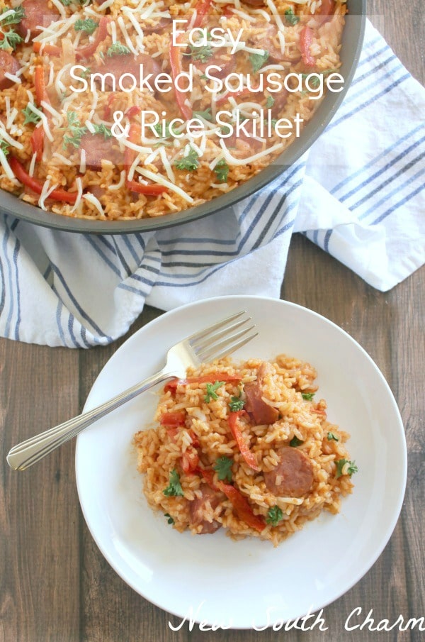 Easy Smoked Sausage and Rice Skillet in a large skillet and on white plate with fork 
