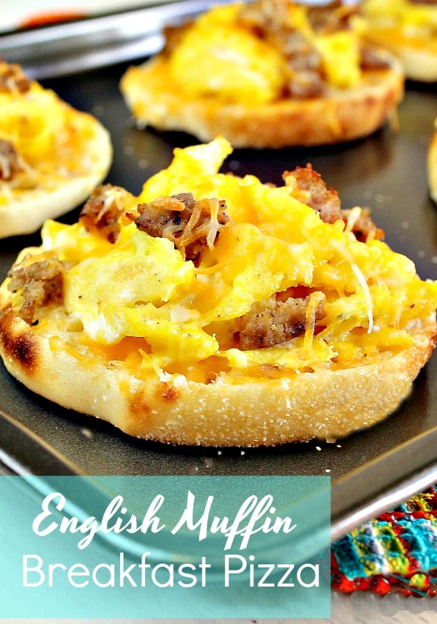 English Muffin Breakfast Pizzas only take a few minutes to prepare and you have a great breakfast for the week. You can also freeze these for months of hearty breakfasts.