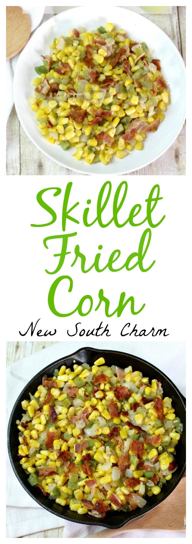 Skillet Fried Corn is easy to make and is packed with lots of great flavors like BACON! This is the perfect side for everything from chicken breasts to hamburgers.