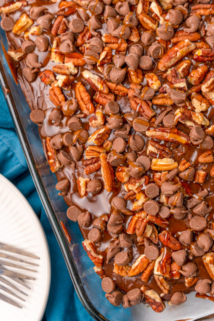 Chocolate Turtle Poke Cake