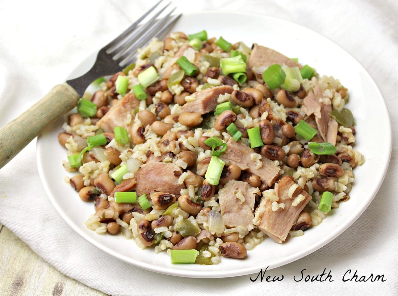 Hoppin' John and Rice is a traditional Southern dish with black eyed peas that is often served on New Year's Day. 