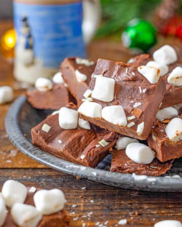Hot Chocolate Fudge piled in a pie plate next to a coffee mug.