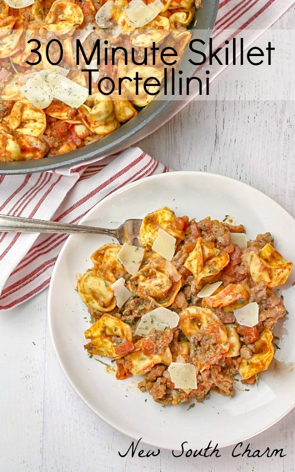 30 Minute Skillet Tortellini is an easy pasta recipe that features a savory meat sauce and tons of rich cheese tortellini!