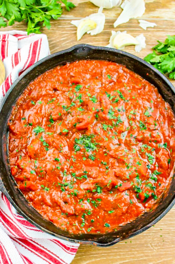 Marinara sauce in a skillet 