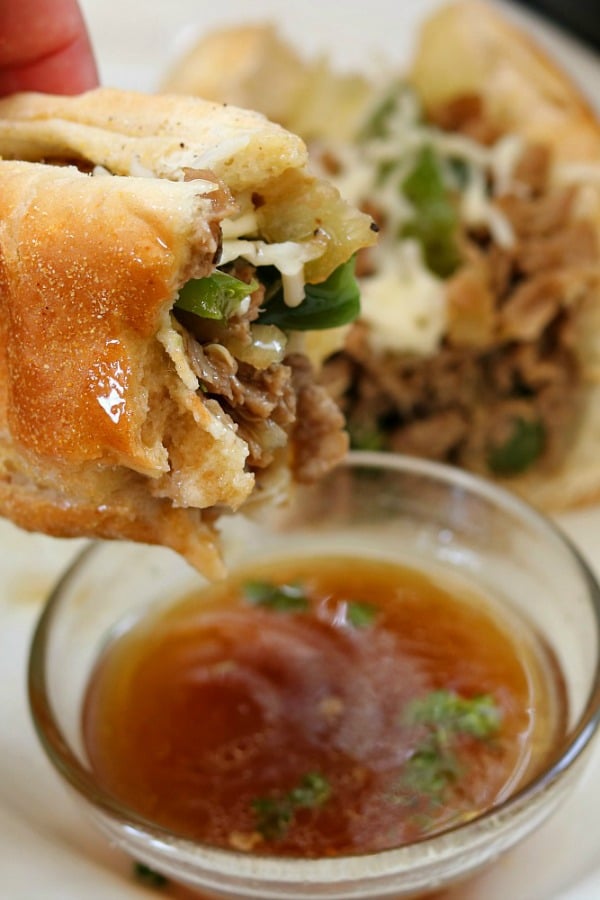 instant pot steak sandwiches with au jus in clear bowl