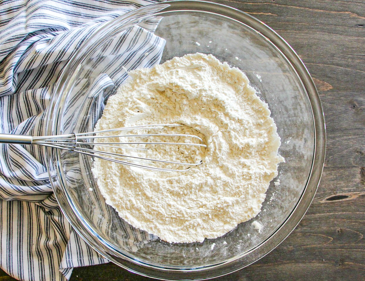 Homemade Drop Biscuits step one large mixing bowl with dry ingredients whisked together 