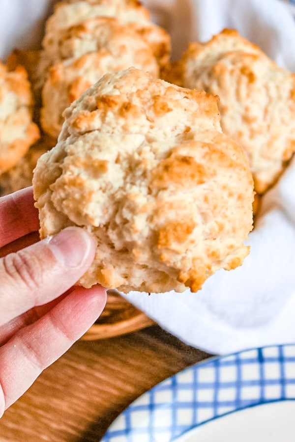Easy Drop Biscuit close up photo with blue and white check plate in the background