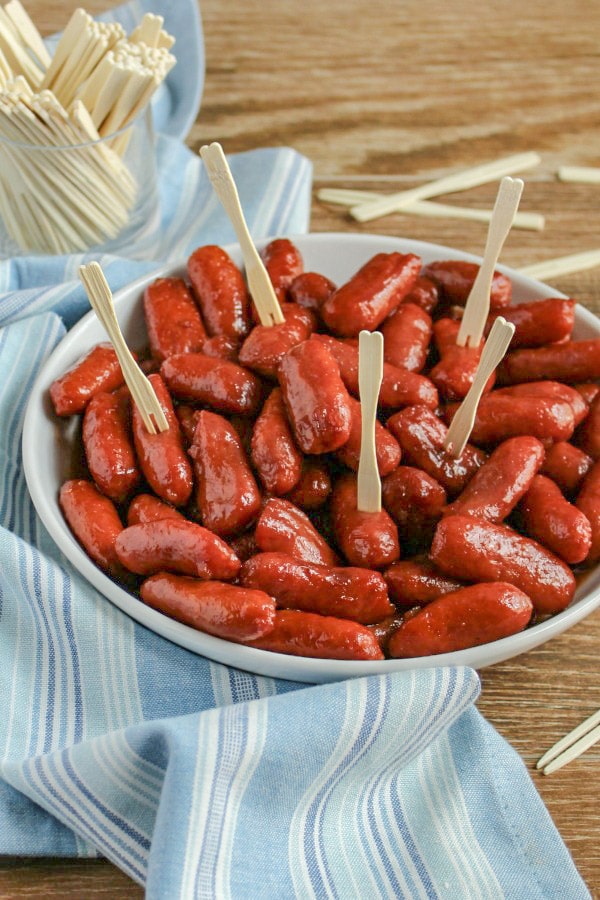 Little Smokies Appetizer in a white serving bowl with toothpicks