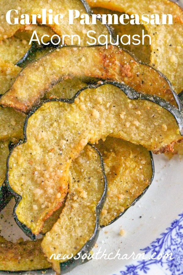 Oven Roasted Parmesan Acorn Squash is an easy five ingredient side dish that is seasoned with garlic and roasted to a golden brown with savory parmesan cheese. #sidedish #thanksgivingrecipe #thanksgivingrecipe #dinner #acornsquash