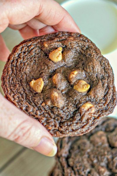 Blogger's hand holding one Chocolate Peanut Butter Chip Cookie