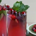 Cranberry Mojito in a square glass garnished with fresh mint and cranberries
