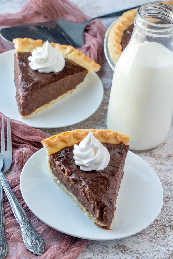 Two slices of Old Fashioned Chocolate Pie on white plates garnished with whipped cream and served with milk. 