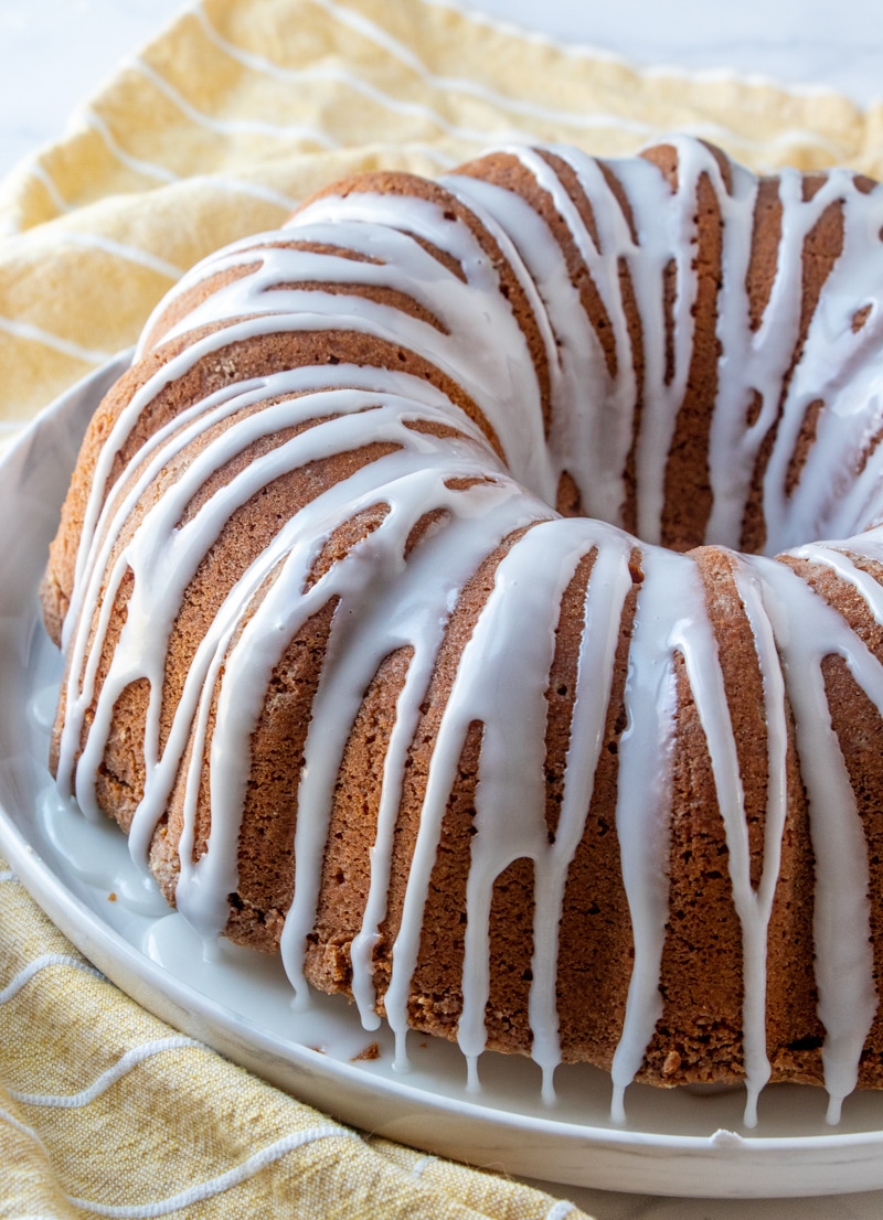 7-Up Bundt cake with lemon glaze on a cake plate 