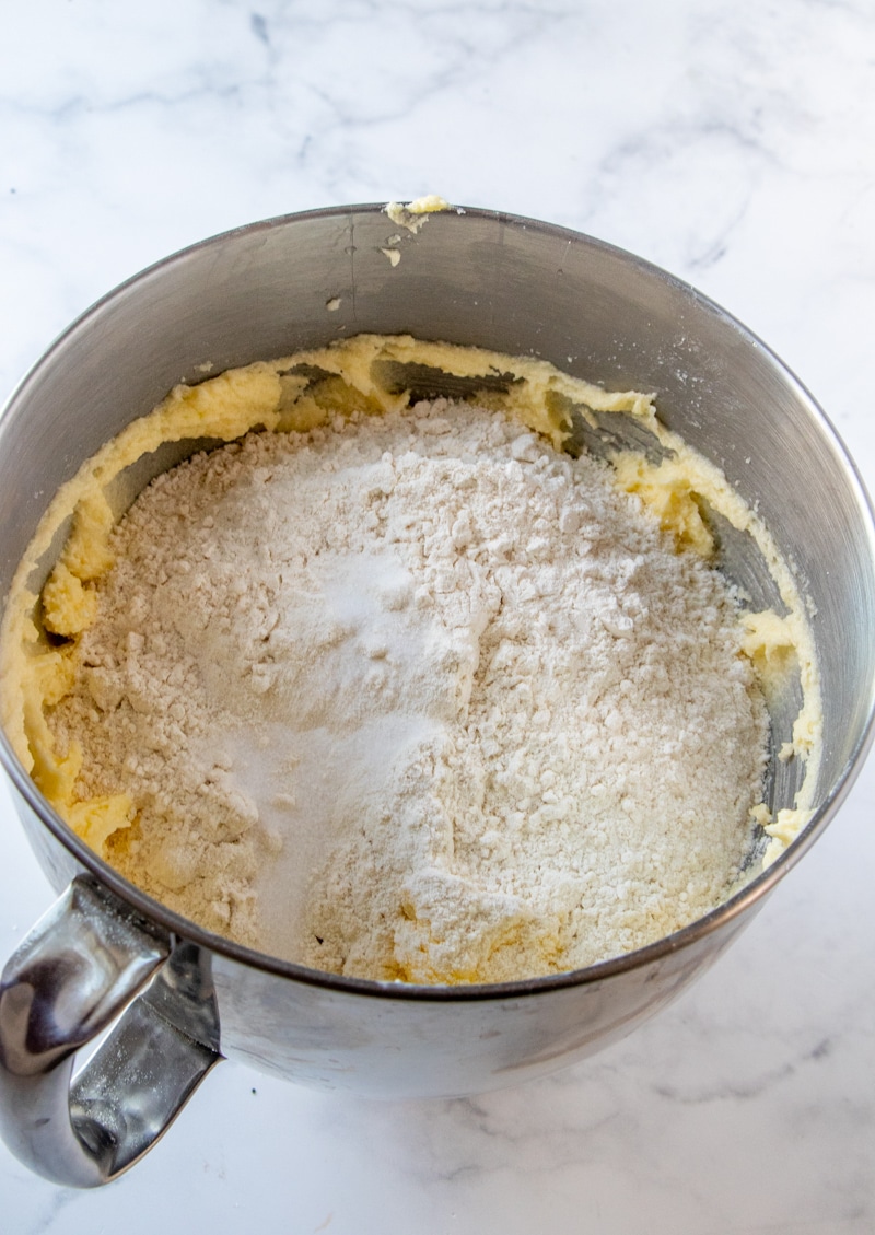 7 Up Cake step three image butter, sugar and egg mixture combined with flour in large mixing bowl 