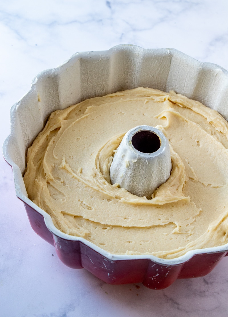 7 Up Cake step five image batter transferred into bundt pan 