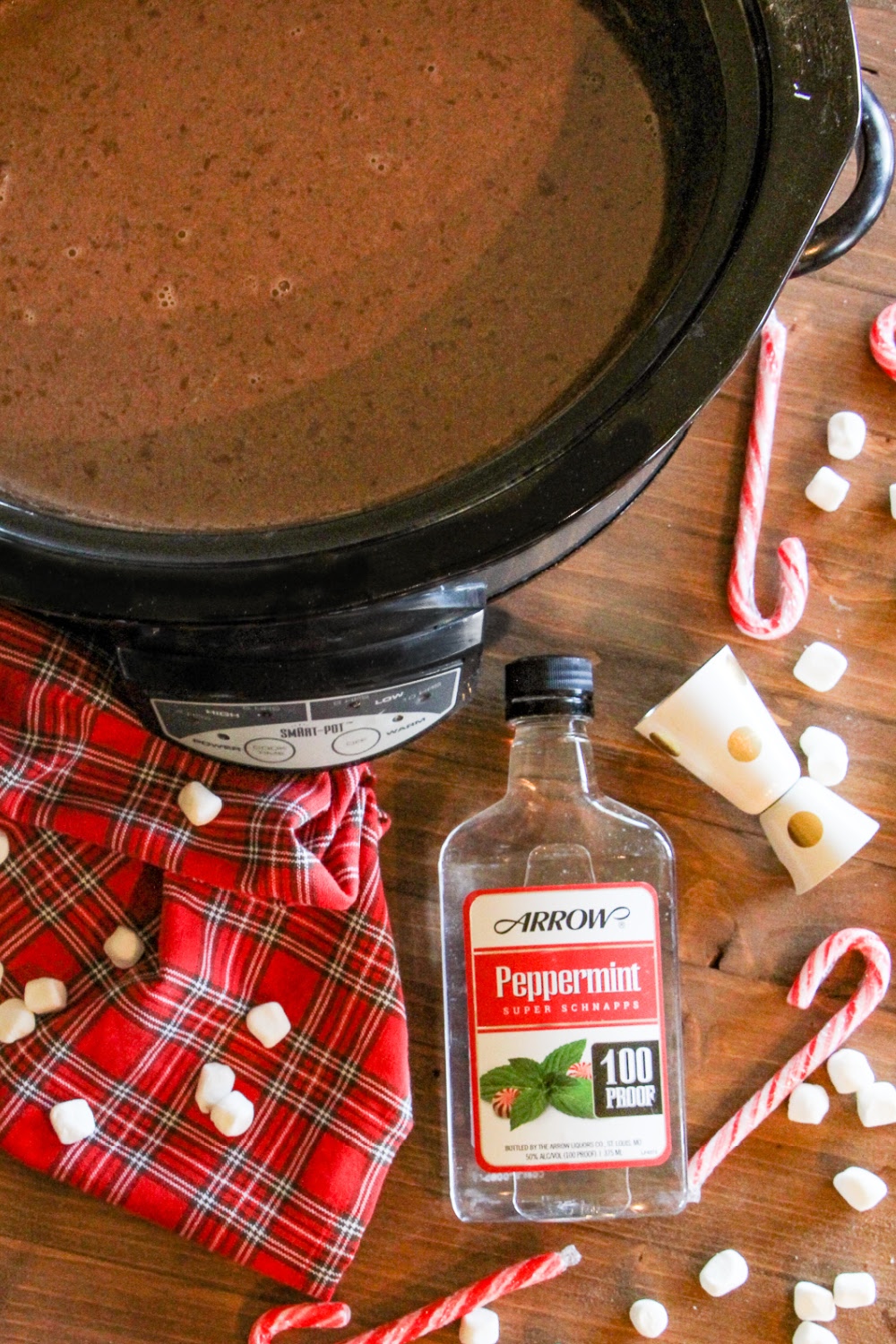 Slow cooker filled with hot chocolate shown with jigger and bottle of peppermint schnapps