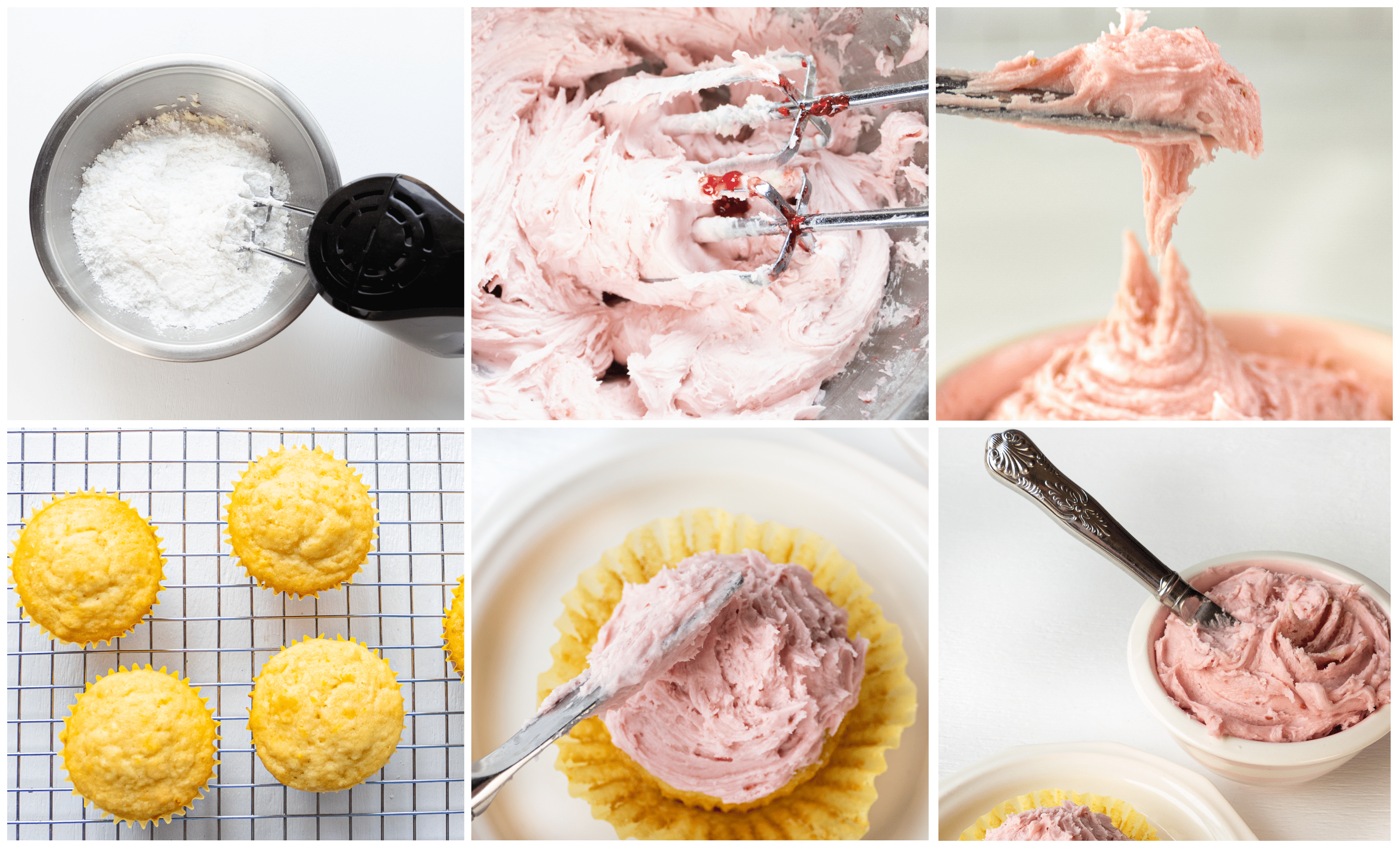 Collage of step by step directions for making raspberry frosting. 
