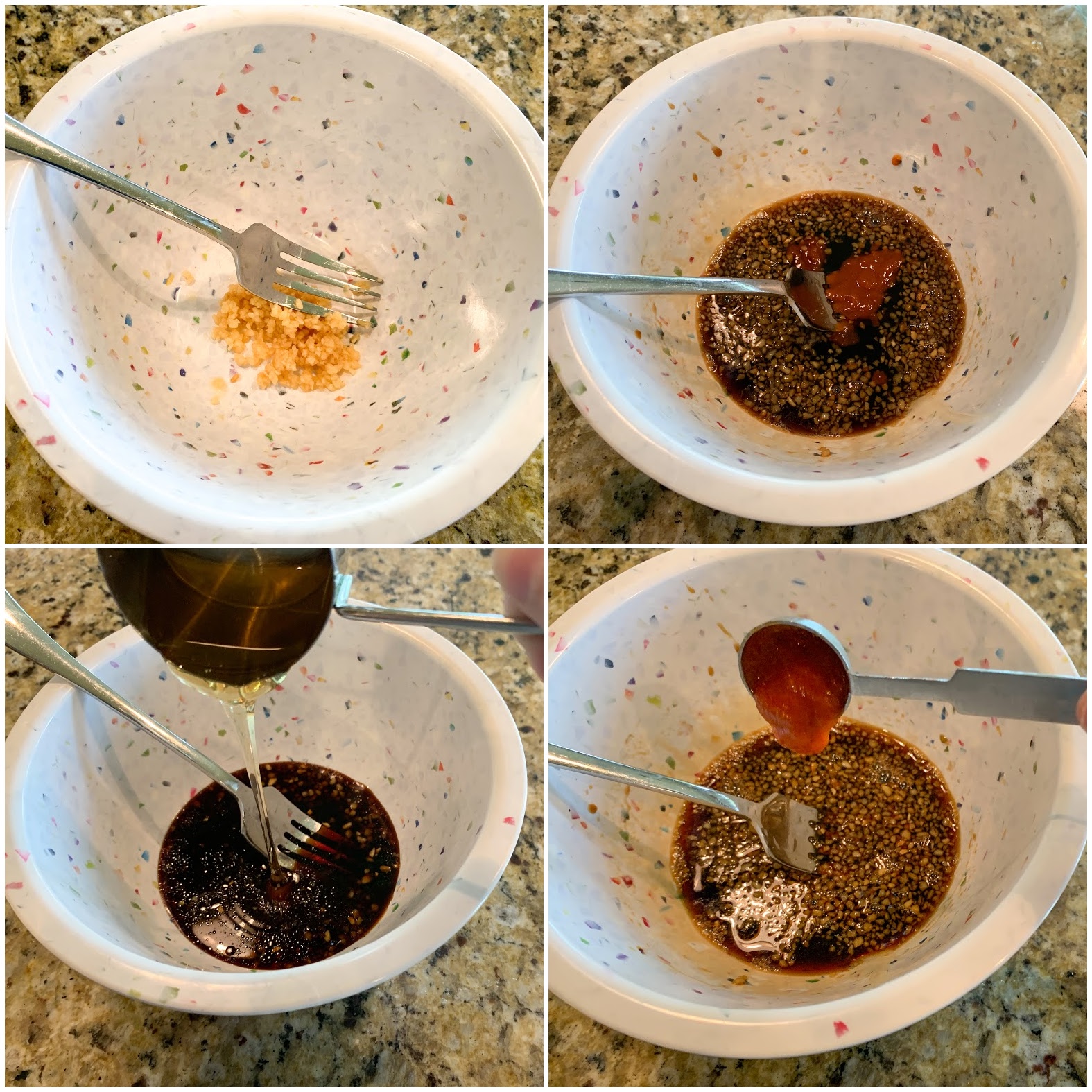 Image showing steps to make sauce in white bowl with for whisking together. 