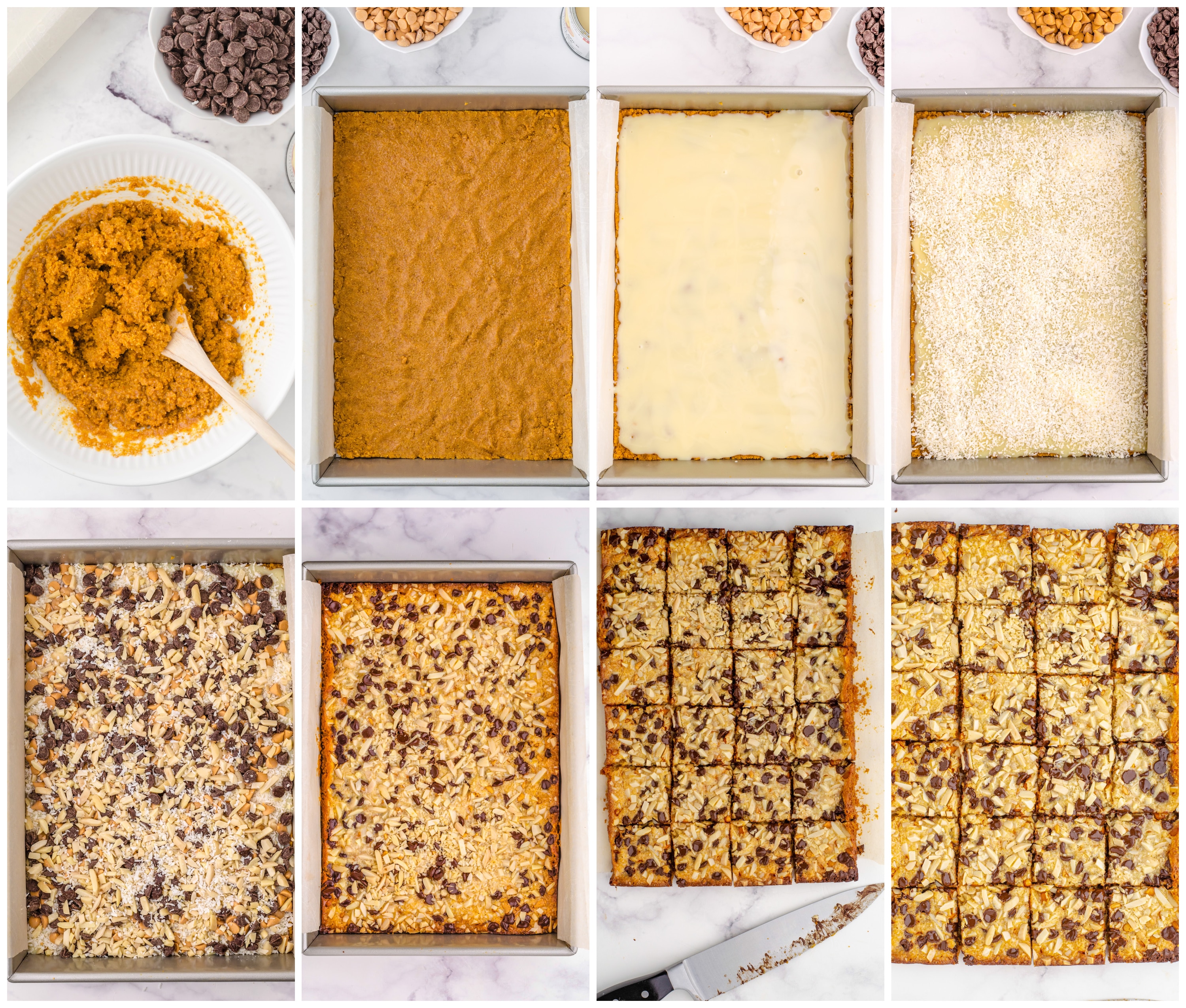 Collage image shows step by step directions for making Hello Dolly Bars.