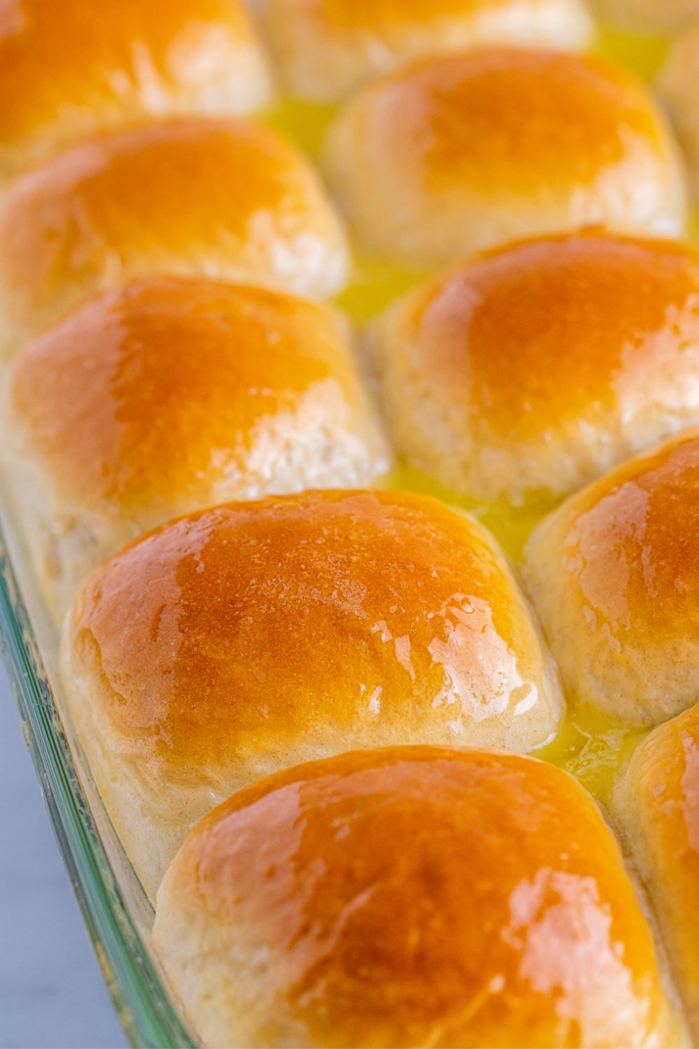 Dinner rolls in a glass baking dish.