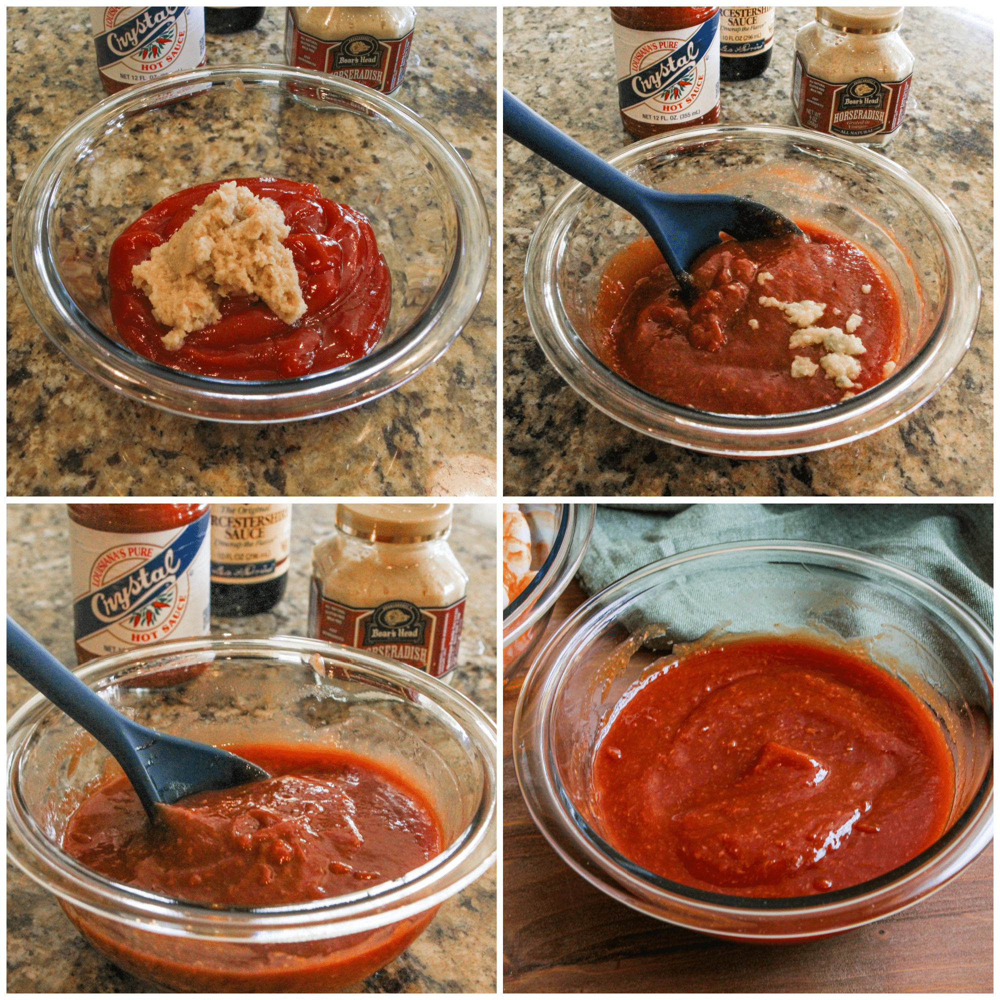 Step by step collage photos for making the cocktail sauce.