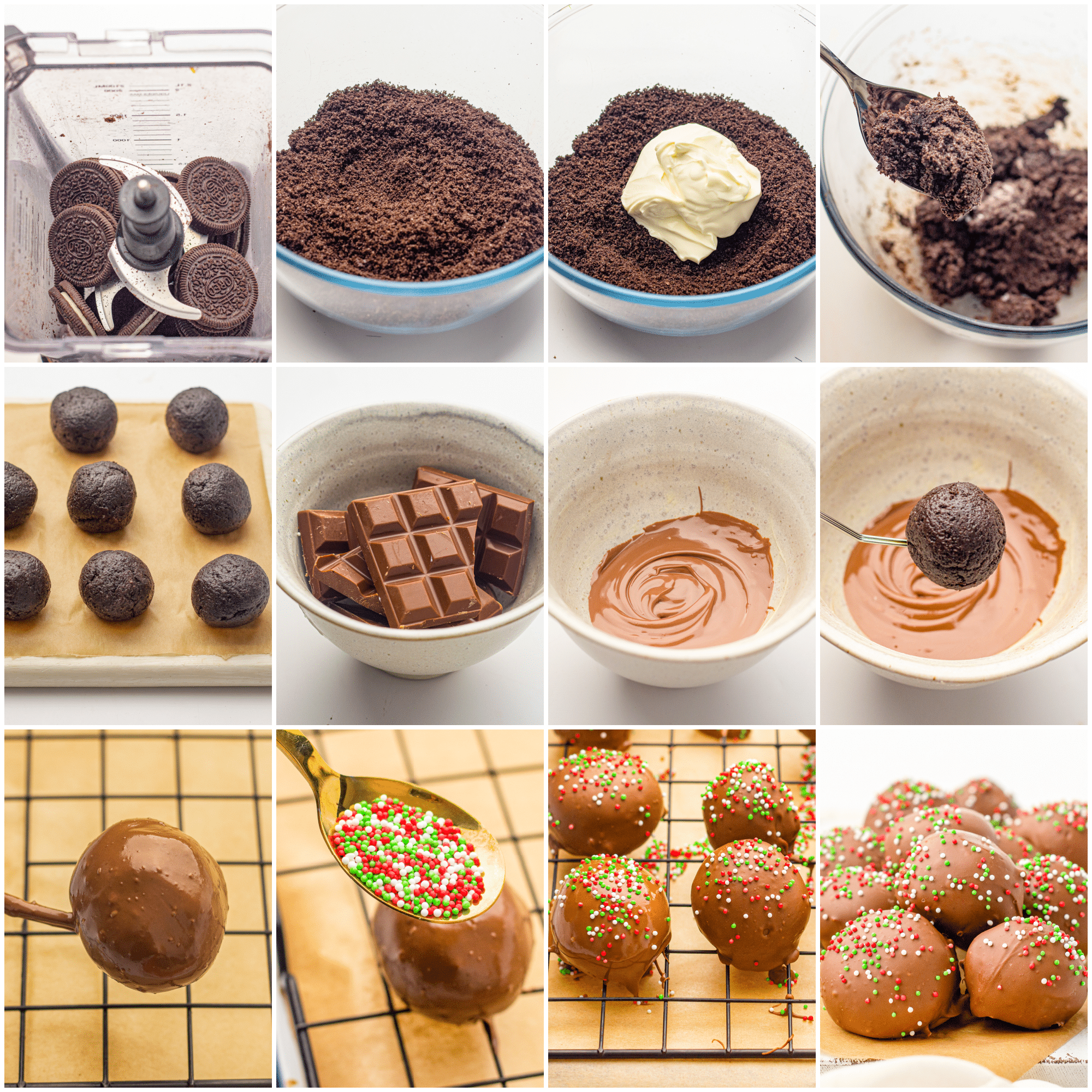 Collage image of step by step directions for making Oreo balls. 