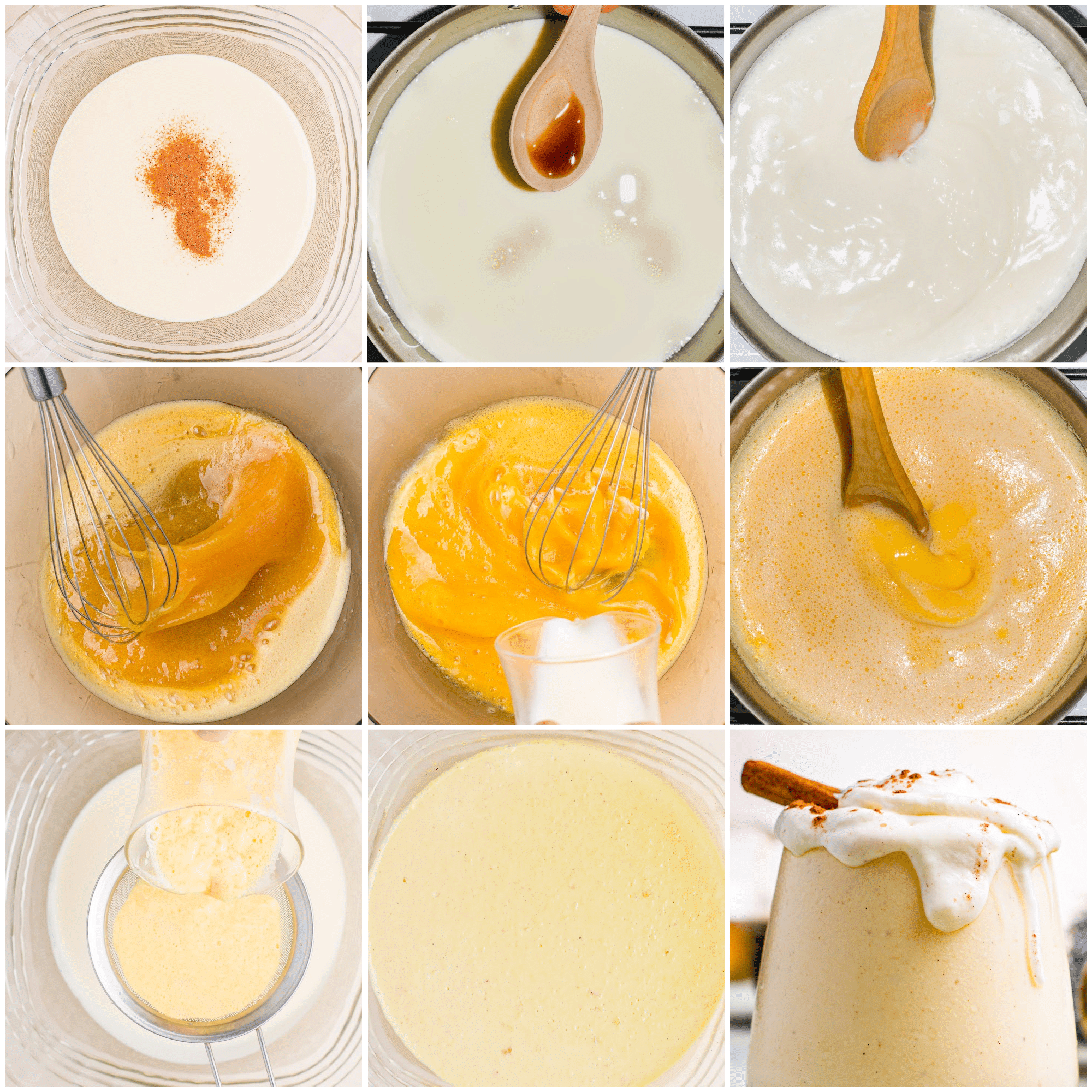 Collage image showing step by step instructions to make egg nog.