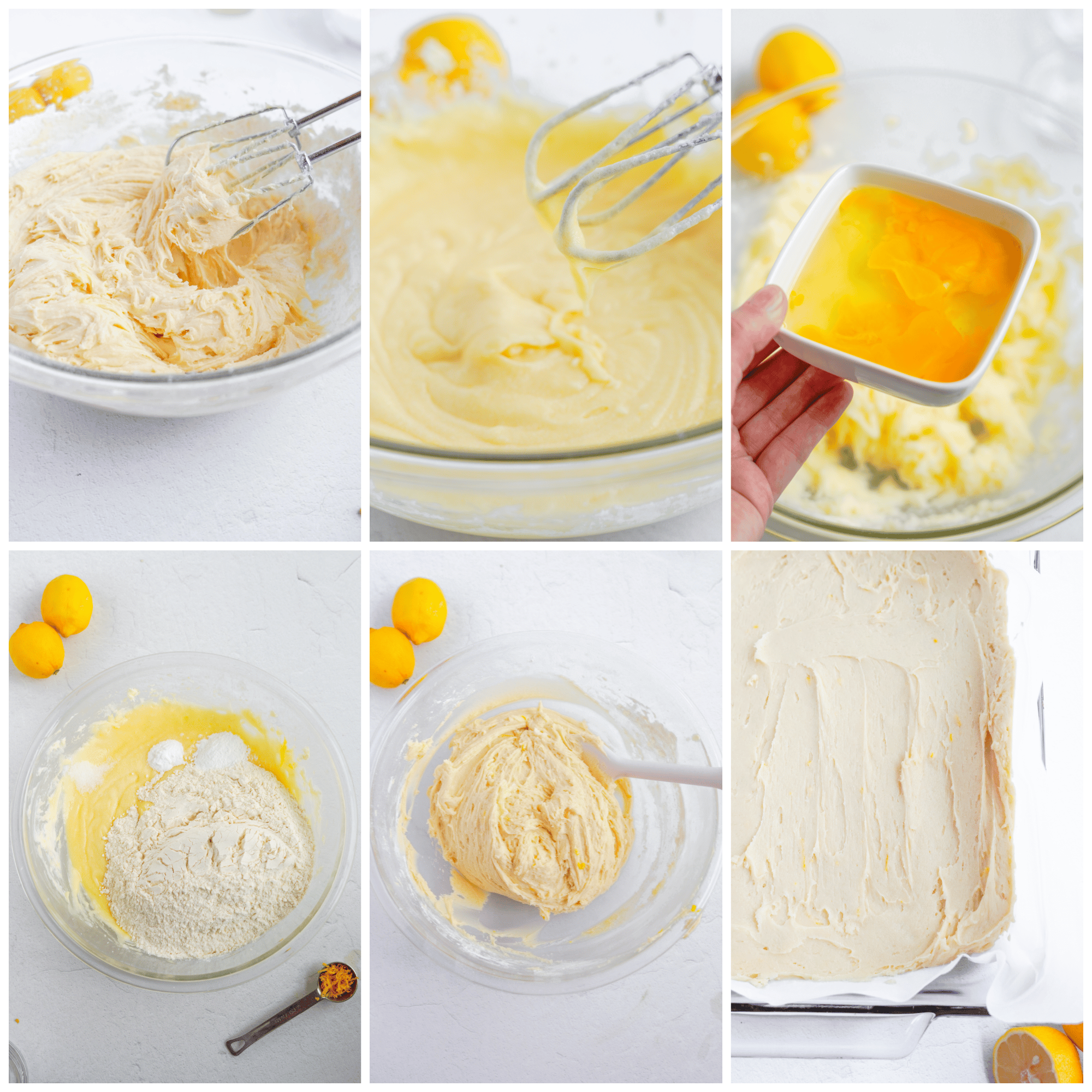 Collage images showing the steps needed to make Lemon Sugar Cookie Bars.