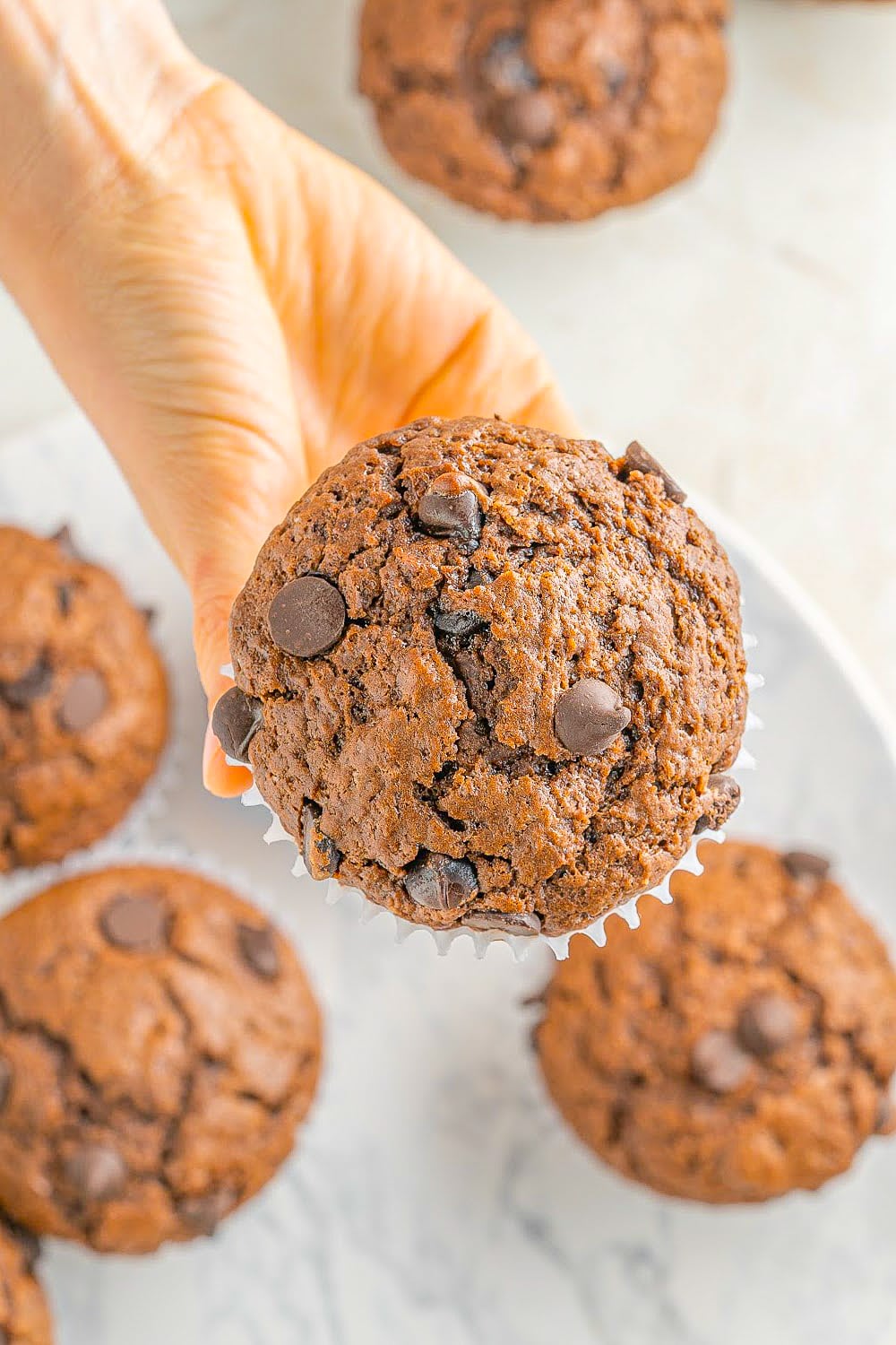 A woman's hand hold a Double Chocolate Muffin over a tray filled with muffins.