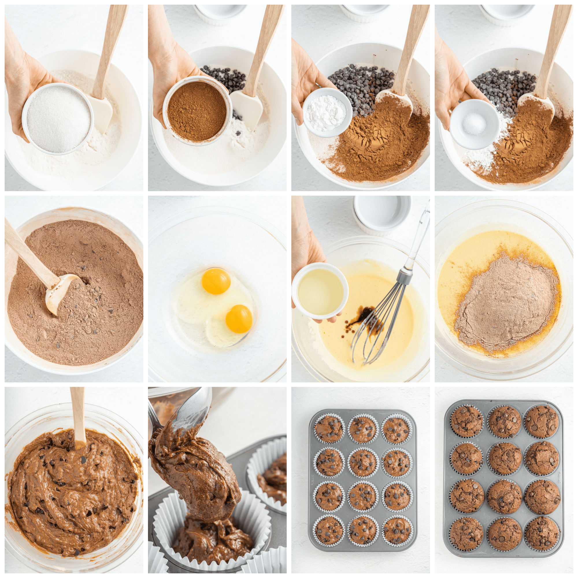 A collage image showing the ordered steps needed to make chocolate muffins with chocolate chips.