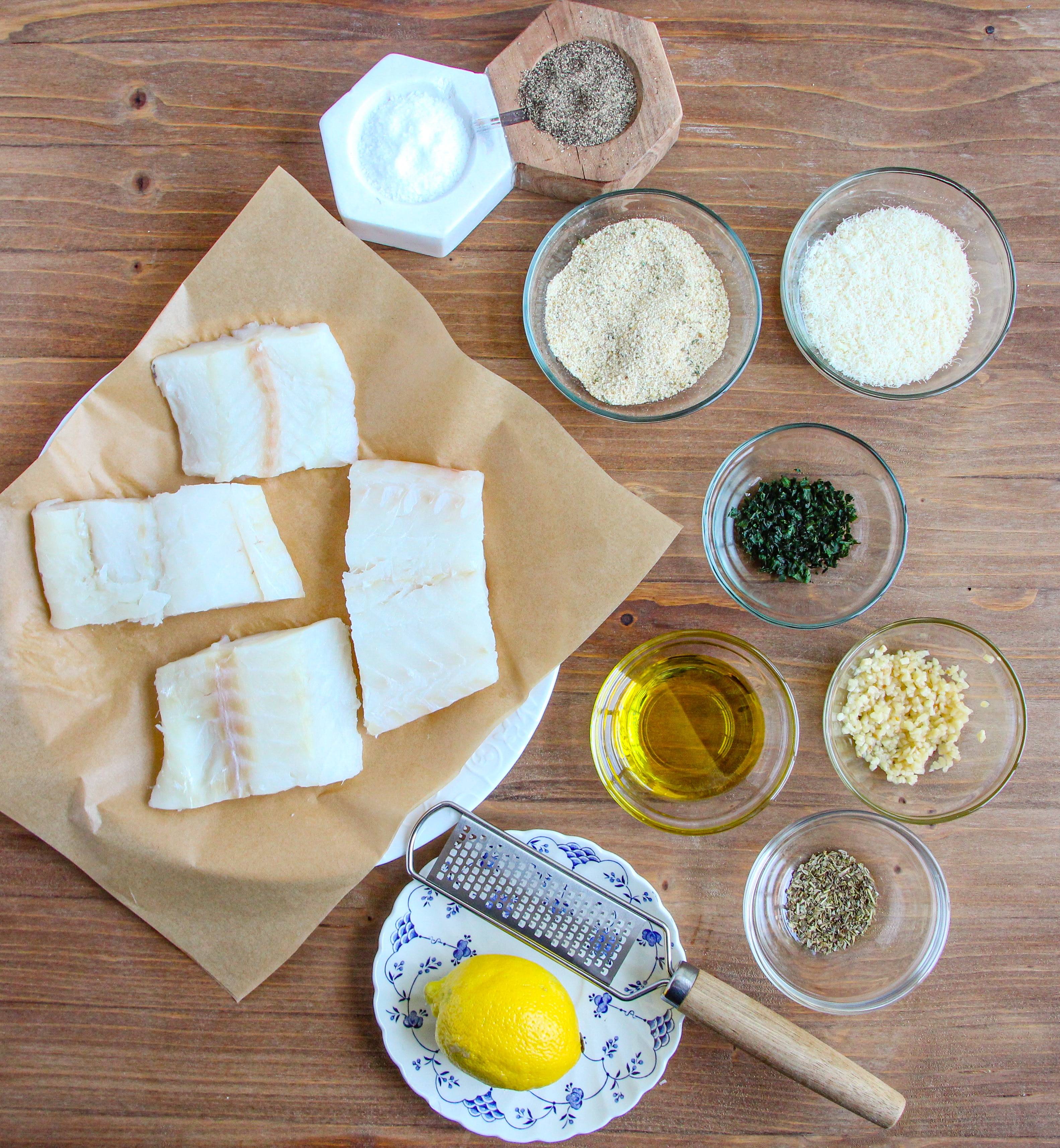 Measured ingredients needed to make Parmesan Crusted Cod.