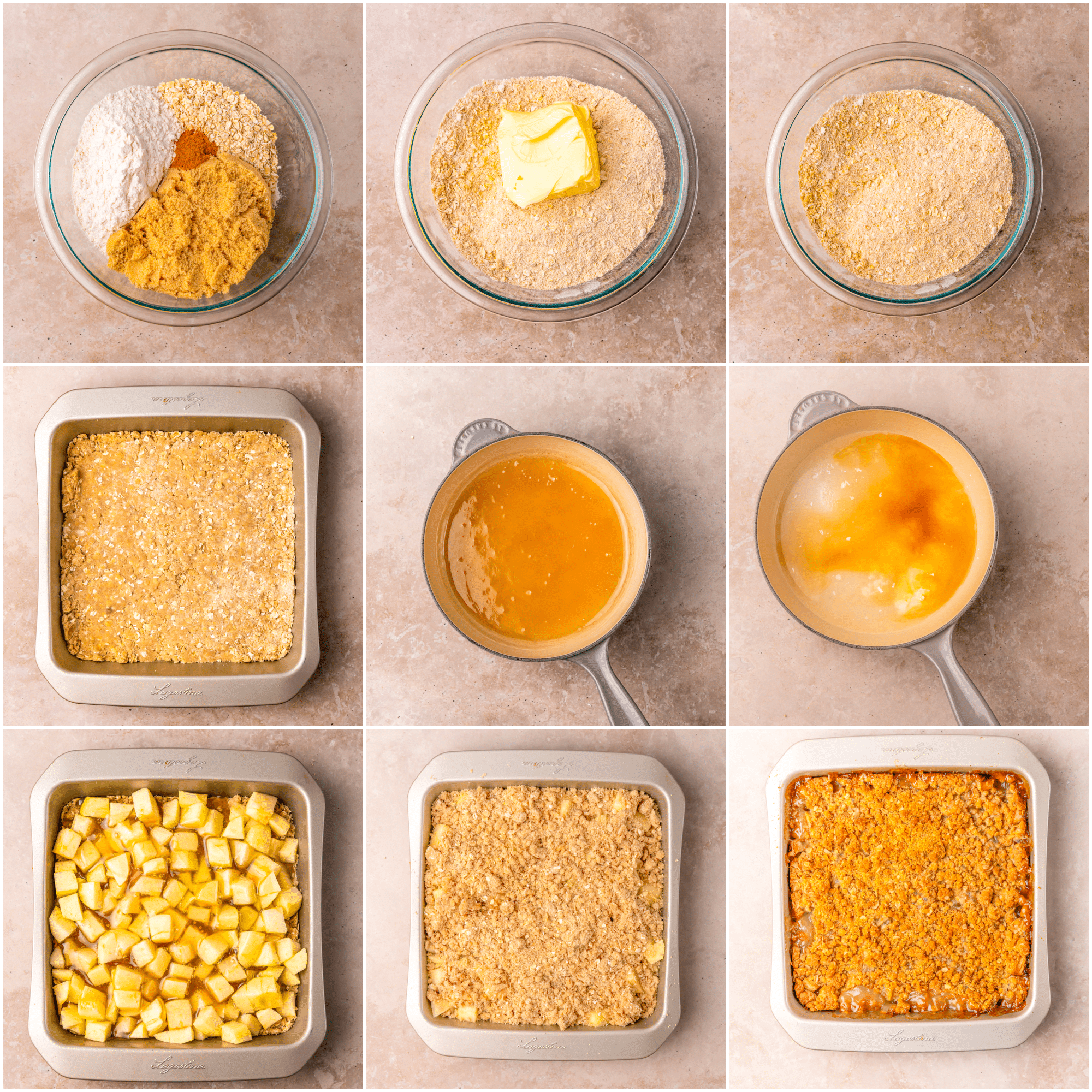 A collage image showing the steps necessary to make this Apple Crisp recipe.