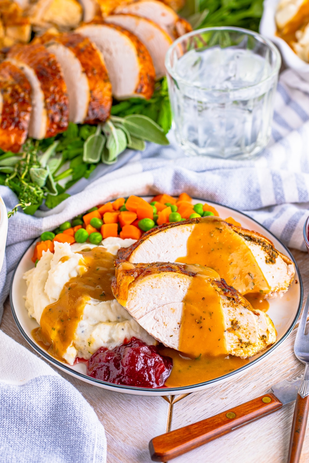 Slices of turkey on a plate with mashed potatoes dried with gravy.