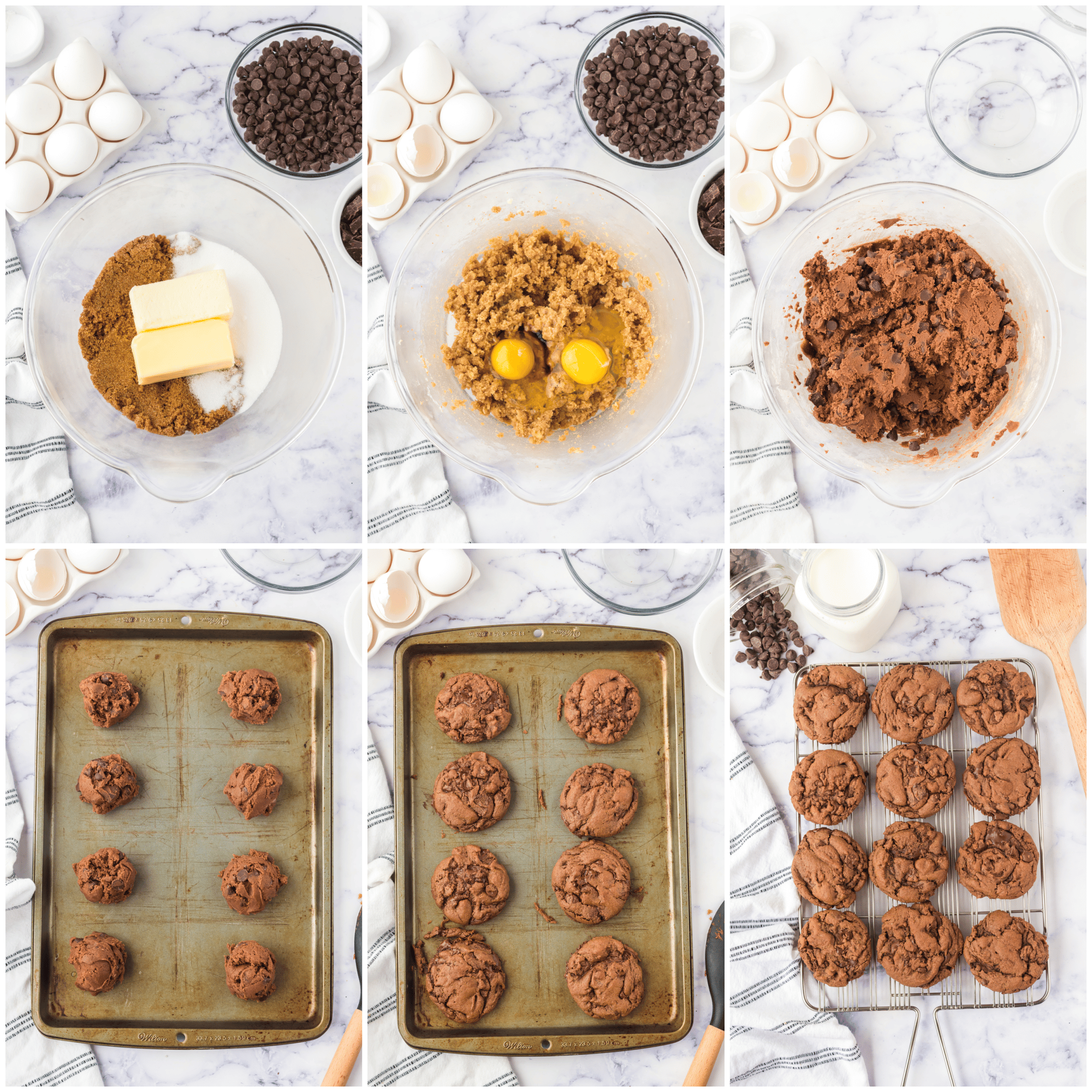Photo collage of step by step directions for making this chocolate cookie recipe.