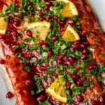 A side of salmon coved in sauce and garnished with lemon and parsley,