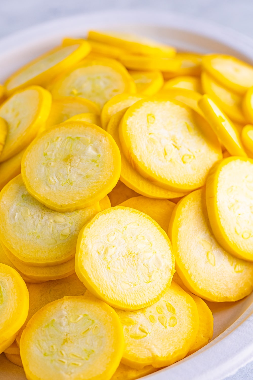Fresh squash sliced into 1/4 inch thick rounds sitting in a white bowl.