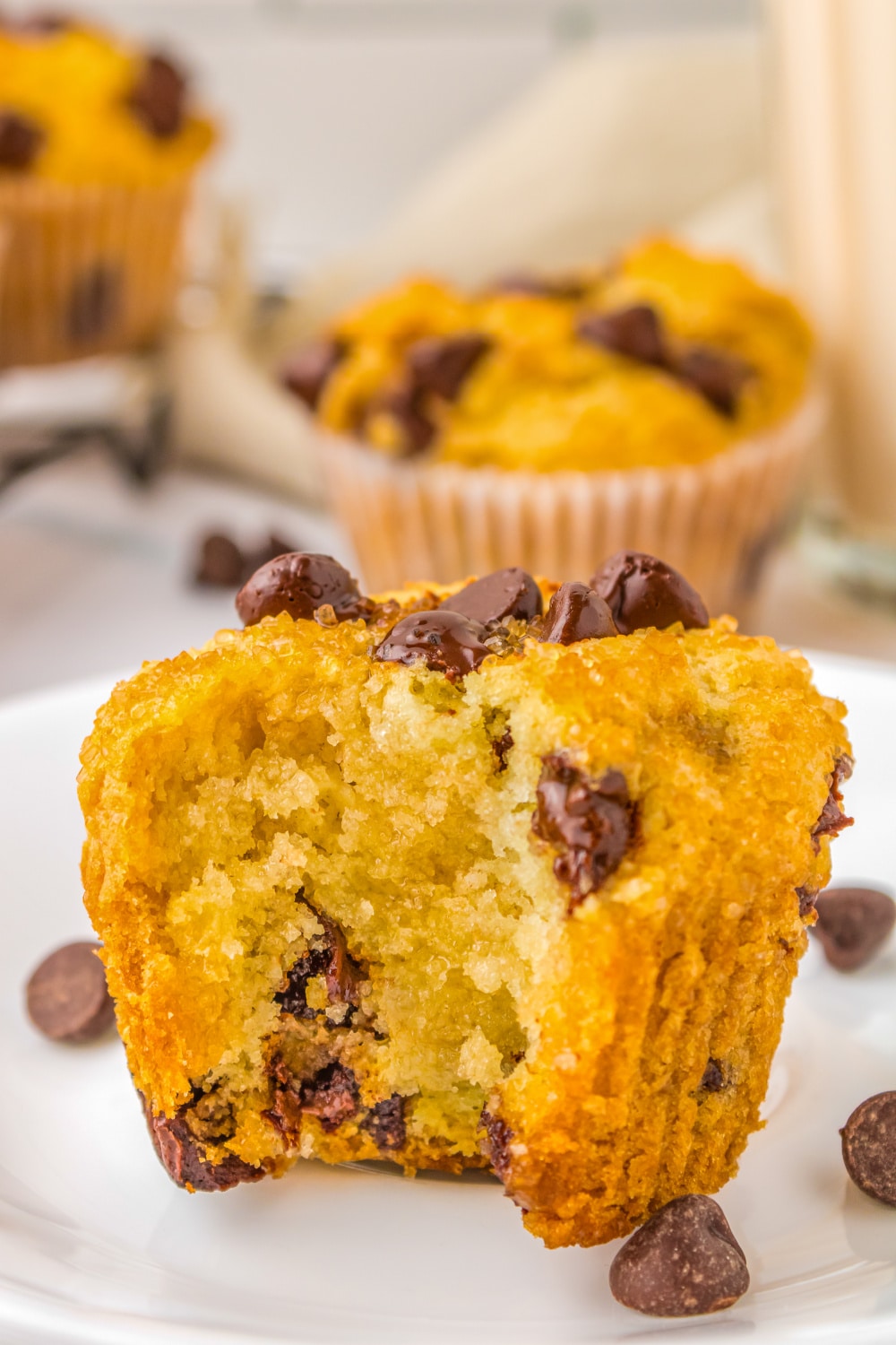 A chocolate chip muffin with missing bite on a white plate.