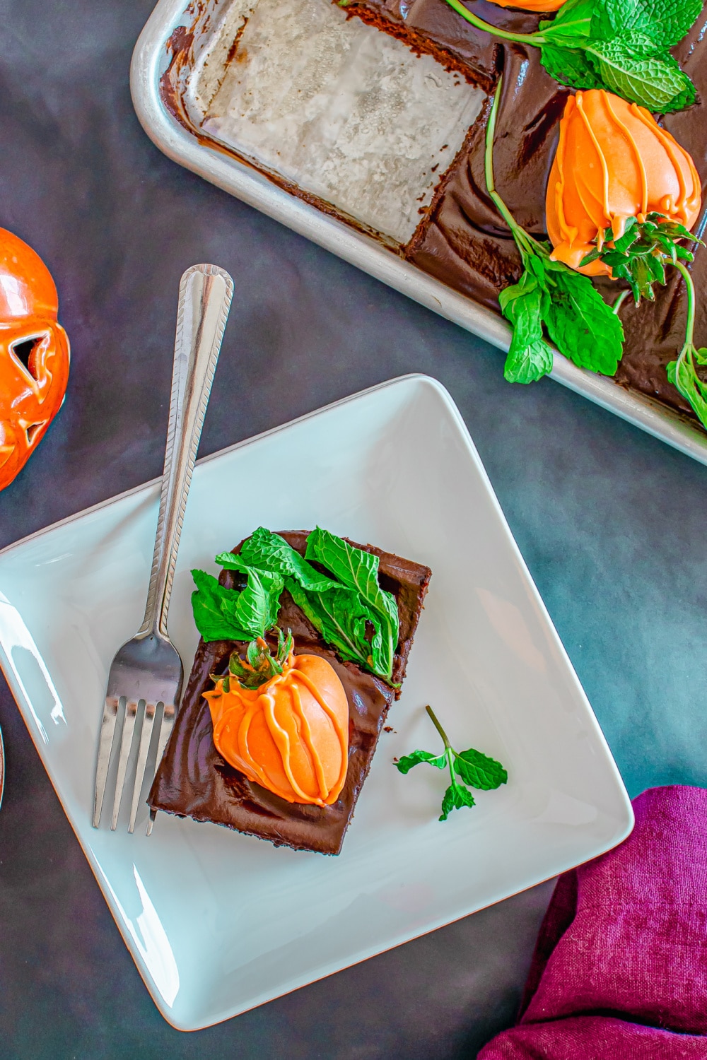 Pumpkin Patch Brownie on a plate with a fork.