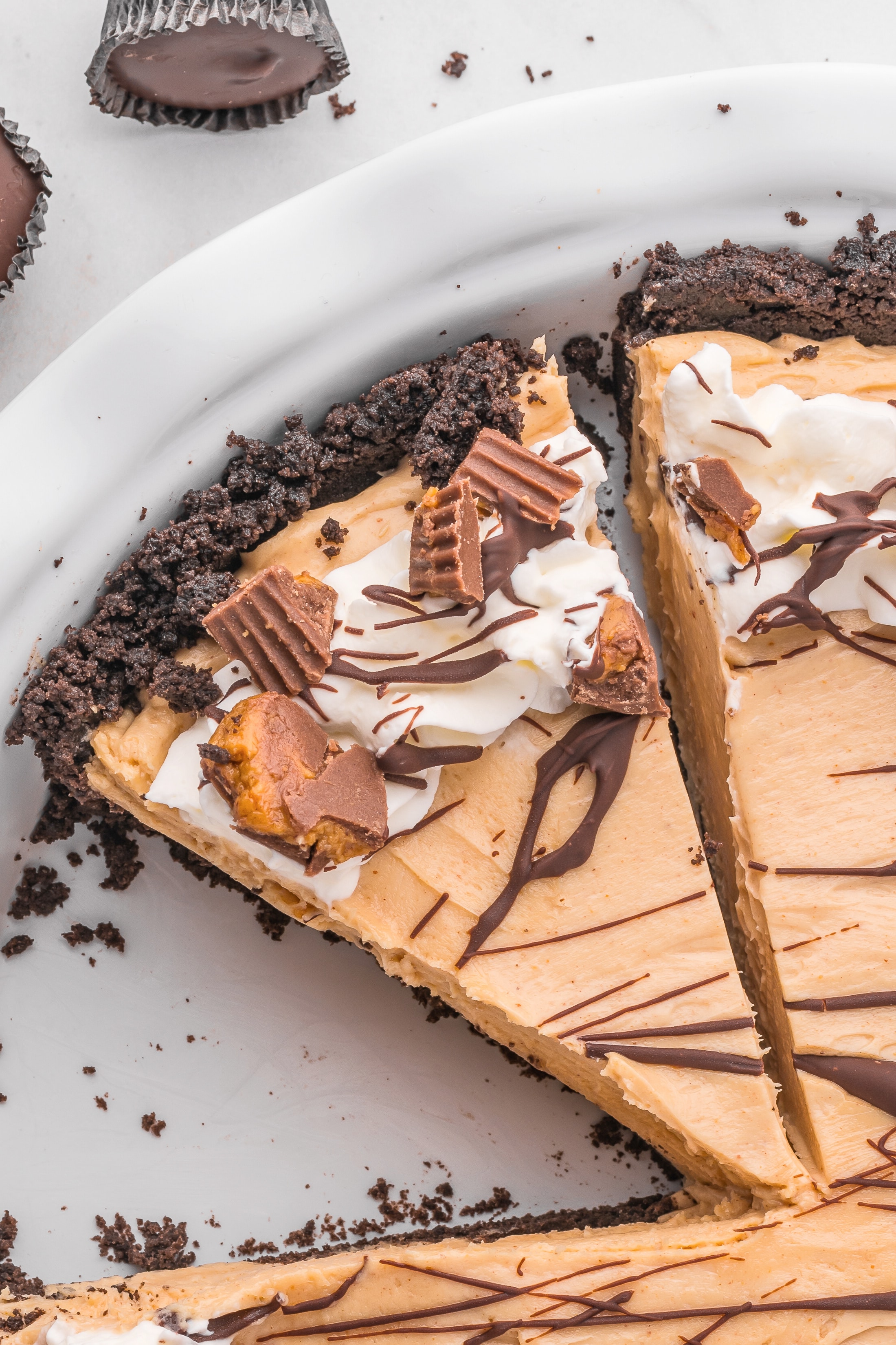 A cut slice of pie with chocolate cookie crust sits in a white dish.