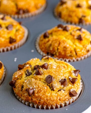 Freshly baked muffins in a baking tin.