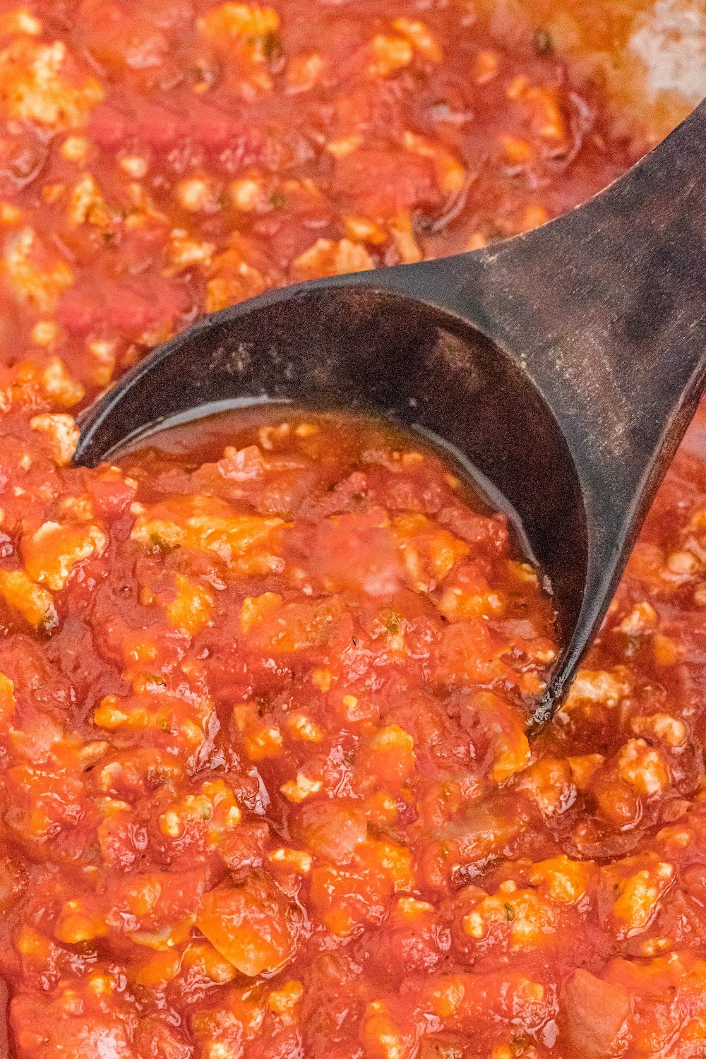 Homemade Spaghetti Sauce being scooped into a ladle.