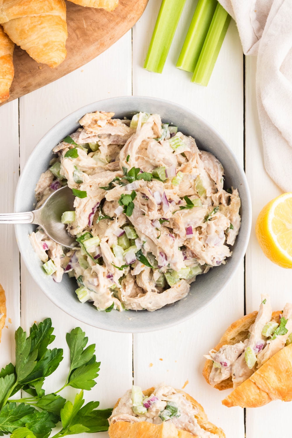 Chicken Salad in a white bowl.