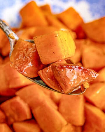 Honey Roasted Sweet Potatoes on a serving spoon.